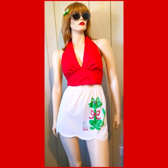 😺Vintage 60s Eau de Catnip Cutest Happy Green Kitty Mini Slip Skirt - Picture 5 of 8